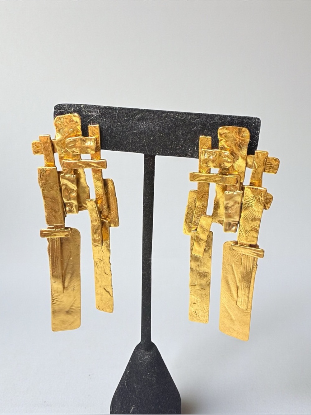 Vintage Brutalist Gold Statement Earrings Geometric Runway Dangles